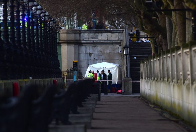 A forensic tent is seen near St Thomas' Hospital in London