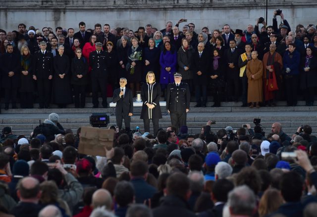 Sadiq Khan speaking at the candlelight vigil in Trafalgar Square 