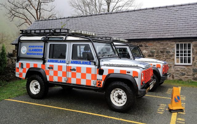 Vehicles parked outside the Llanberis Mountain Rescue station in the Snowdonia mountain range in north Wales