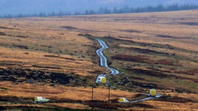 RAF mountain rescue service vehicles on a road near Trawsfynydd in the Snowdonia mountain range in north Wales where the wreckage has been discovered of a Twin Squirrel helicopter which went missing Wednesday while flying to Dublin from the south of England.