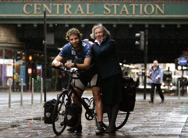 Mark Beaumont is greeted by his mother Una Beaumont after he returned to the UK following his round-the-world challenge (Andrew Milligan/PA)