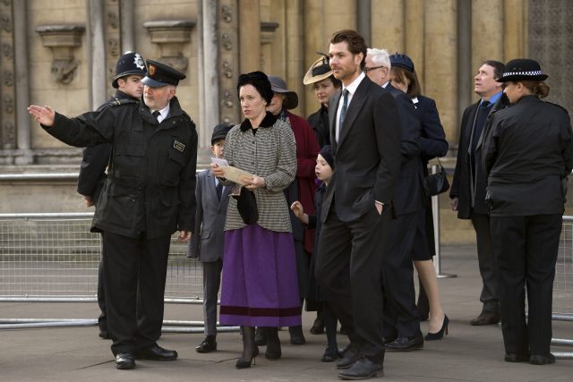 Lady Frances Armstrong-Jones, second left, and her husband Rodolphe von Hofmannsthal, second right, arrive at the service