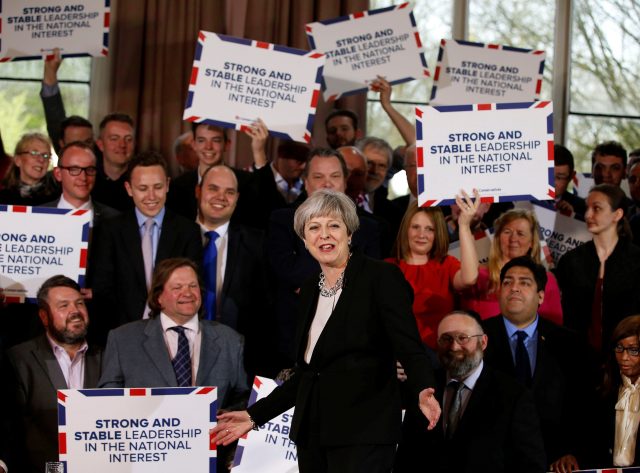 Theresa May delivering a speech in Walmsley Parish Hall, Bolton 