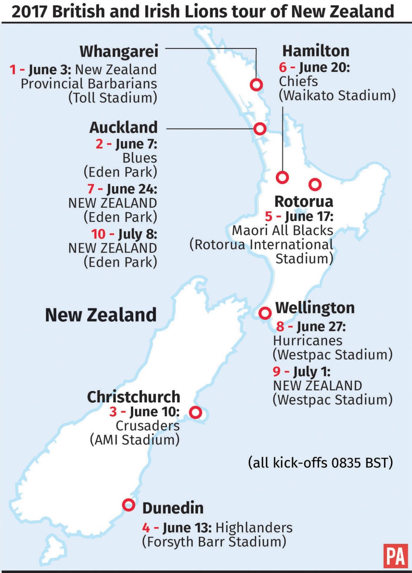 2017 British and Irish Lions tour of New Zealand. See story RUGBYU Lions Itinerary. Editable versions of this graphic are available via PA Graphics or your account manager