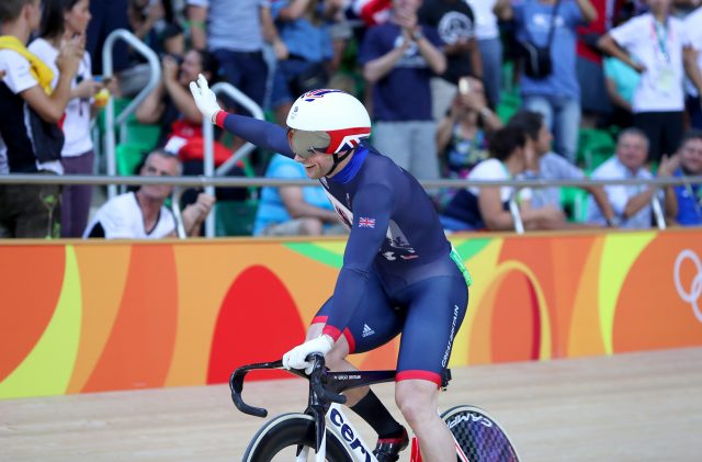 Jason Kenny celebrates after winning a gold medal in Rio