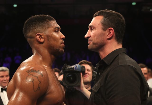 Anthony Joshua, left, and Wladimir Klitschko stand face to face