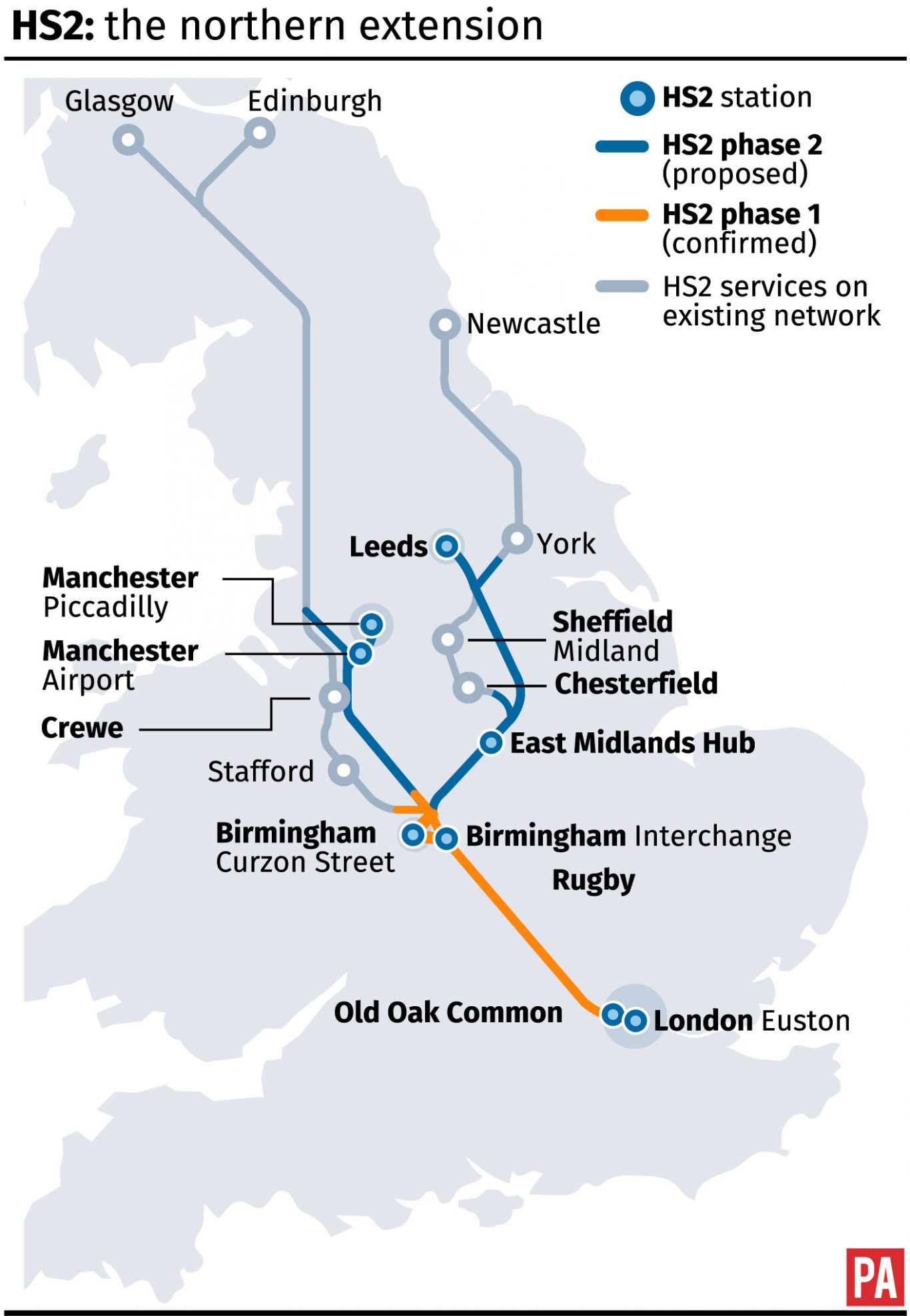 Maps the preferred route for the northern extension of HS2