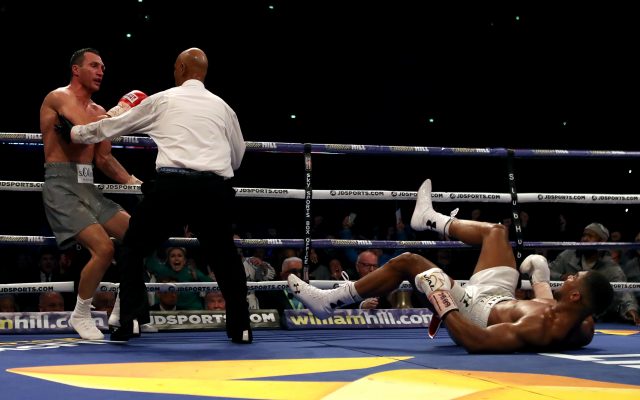 Anthony Joshua crumples to the canvas after being caught by Wladimir Klitschko in round six
