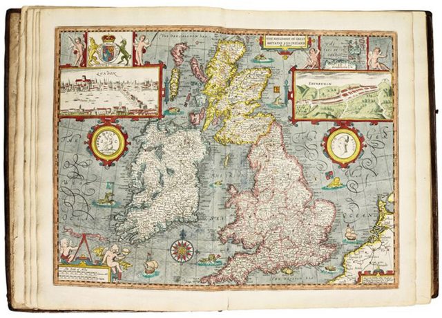 A hand-coloured map by Briton John Speed dating from the 17th century, showing the provinces of Ireland and map of Great Britain (Sotheby's/PA)