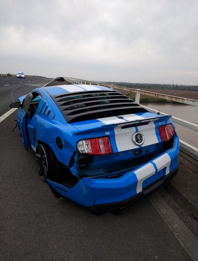 This blue and white Ford Mustang Shelby was involved in a collision which closed the eastbound M62 in East Yorkshire (Humber Roads Police/PA)