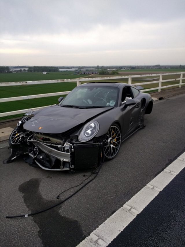 This  black Porsche was involved in a collision which closed the eastbound M62 in East Yorkshire (Humber Roads Police/PA)