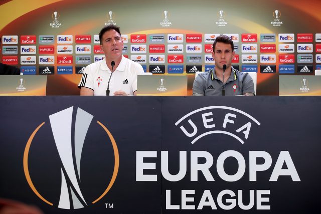Celta Vigo Manager Eduardo Berizzo, left, and Captain Hugo Mallo at the press conference