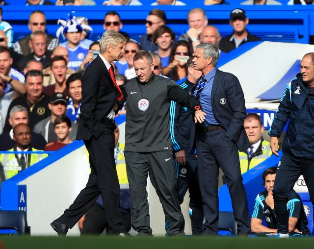 Chelsea manager Jose Mourinho has a heated exchange with Arsenal manager Arsene Wenger in 2014