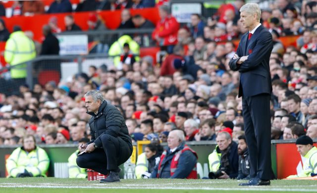 Manchester United manager Jose Mourinho and Arsenal manager Arsene Wenger on the touchline during the Premier League match at Old Trafford 