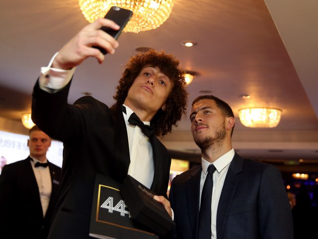 David Luiz, left, takes a selfie with Eden Hazard during the Professional Footballers' Association Awards 2017 in London (Steven Paston/EMPICS)