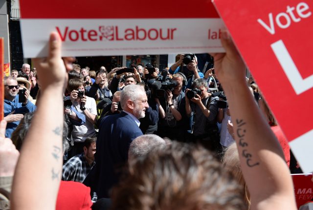 Labour leader Jeremy Corbyn meets campaigners and members of the public at a street stall outside Worcester Guildhall (Ben Birchall/PA)