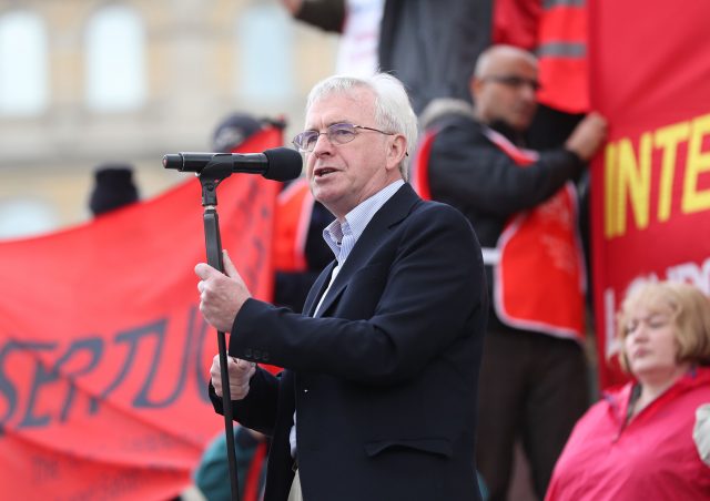 John McDonnell speaks at a May Day rally in Trafalgar Square (Jonathan Brady/PA)