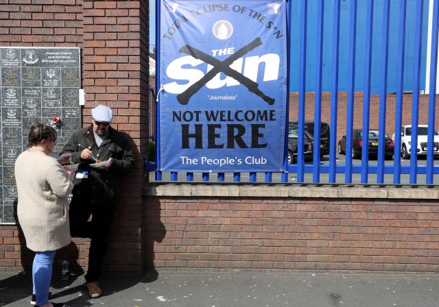 Banners in protest against The Sun newspaper at Goodison Park (Martin Ricketts/PA)