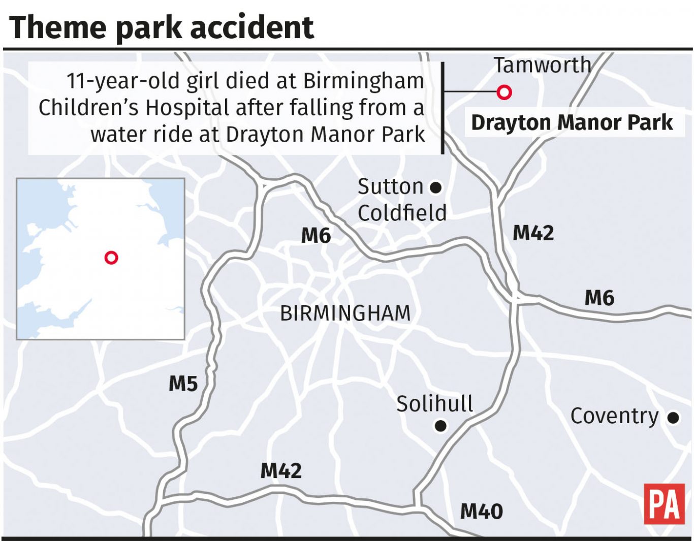 Map showing location of Drayton Manor Park, where a girl fell from theme park ride graphic