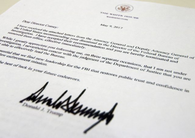 The termination letter from Donald Trump to  James Comey (Jon Elswick/AP)