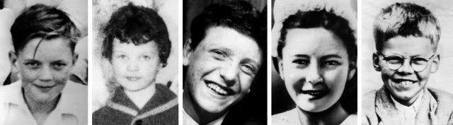 Ian Brady's victims from left, John Kilbride, Lesley Ann Downey, Edward Evans, Pauline Reade and Keith Bennett