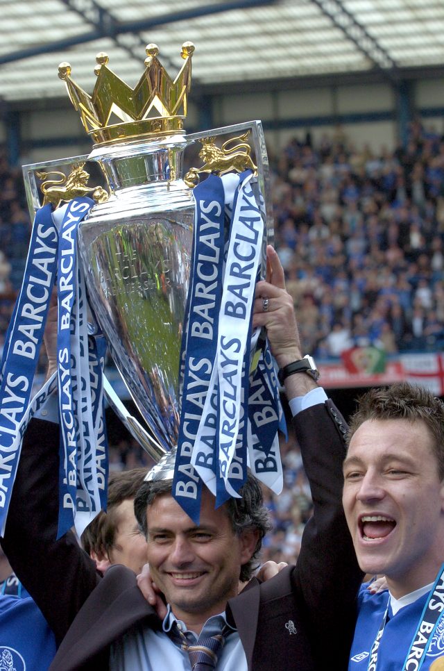 Chelsea manager Jose Mourinho and John Terry (right) celebrate with the Barclays Premiership trophy (Rebecca Naden/PA)