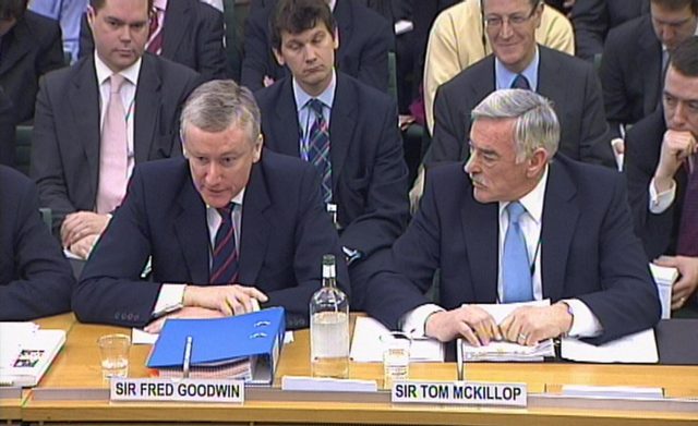 Mr Goodwin and former RBS chairman Sir Tom McKillop giving evidence to the Treasury Committee in 2009 (PA)