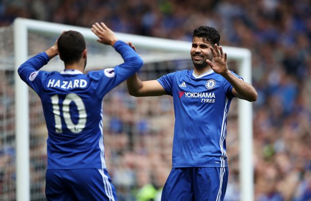 Eden Hazard, left, celebrates with team-mate Diego Costa