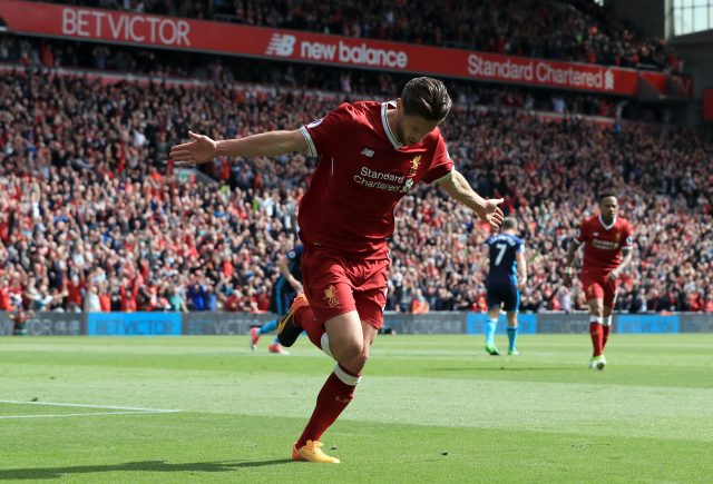 Adam Lallana celebrates scoring for Liverpool