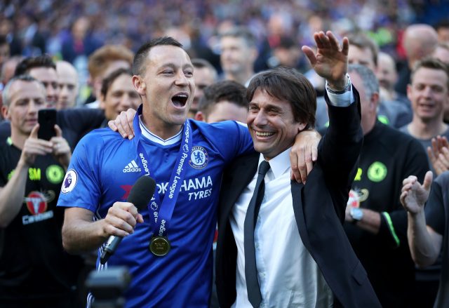 John Terry, left, celebrates with Chelsea manager Antonio Conte
