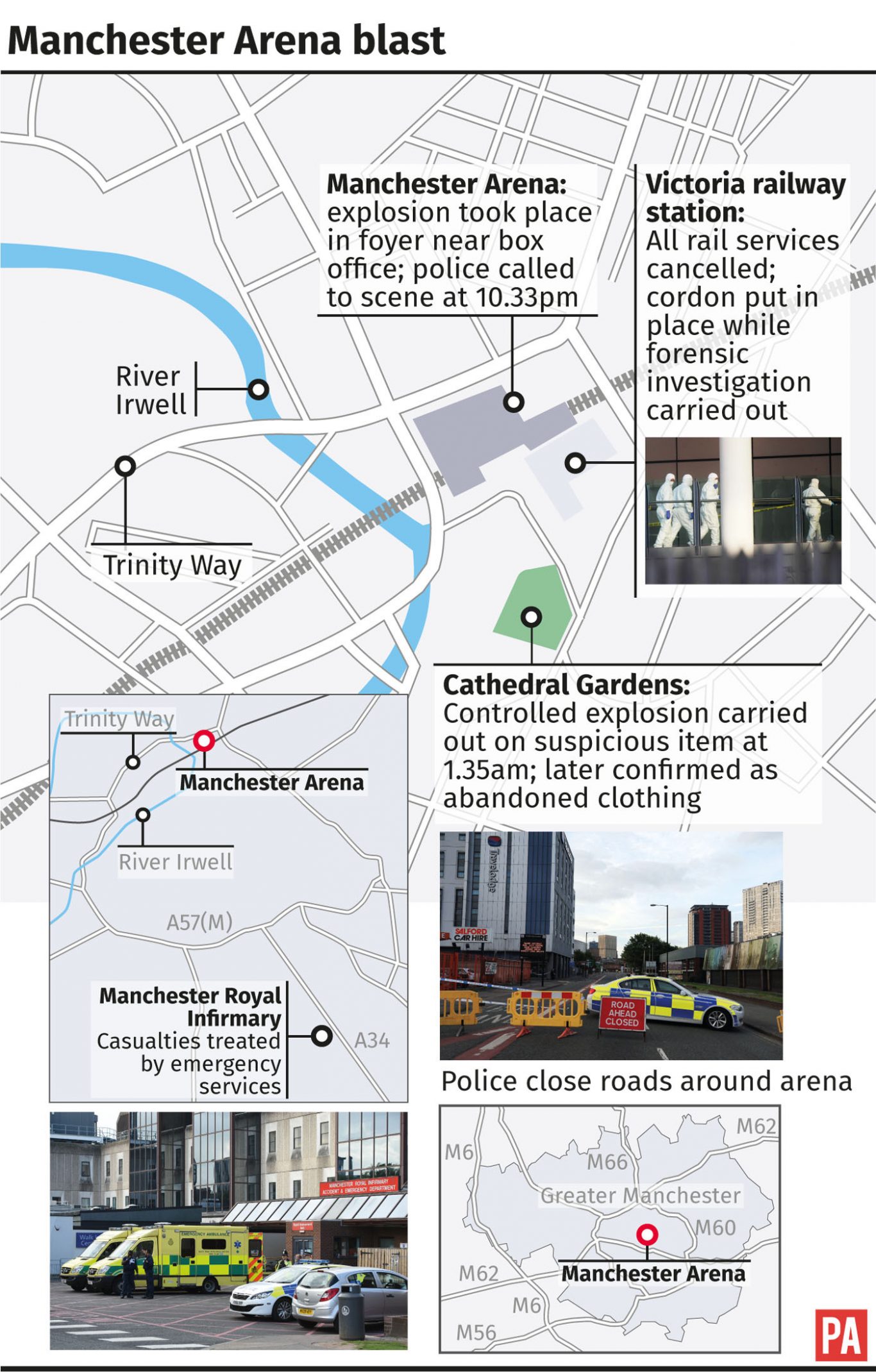 Manchester Arena blast. Detailed maps of the area graphic