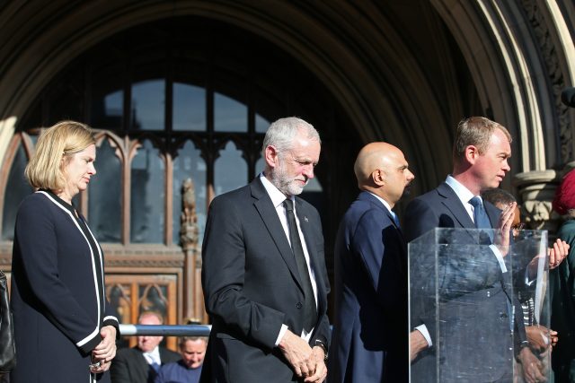 Home Secretary Amber Rudd, Labour leader Jeremy Corbyn and Liberal Democrat leader Tim Farron during a vigil in Albert Square, Manchester (Martin Rickett/PA)