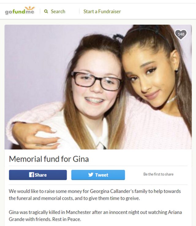 Screengrab from the gofundme page set up in memory of Georgina Callander (left) with Ariana Grande (right) (gofundme/PA)