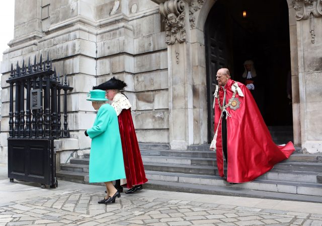Queen Elizabeth II, the Duke of Edinburgh and the Lord Mayor of London Andrew Parmley leaving St Paul's Cathedral in London (Philip Toscano/PA)