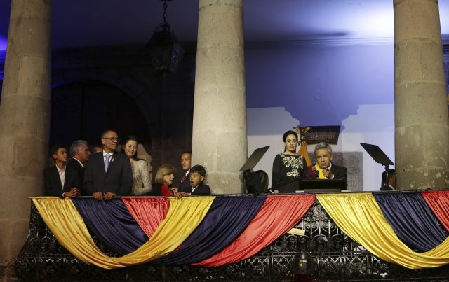 President Moreno greets supporters from the government palace balcony