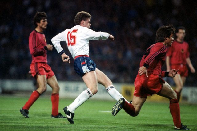 Paul Gascoigne scores his first goal for England