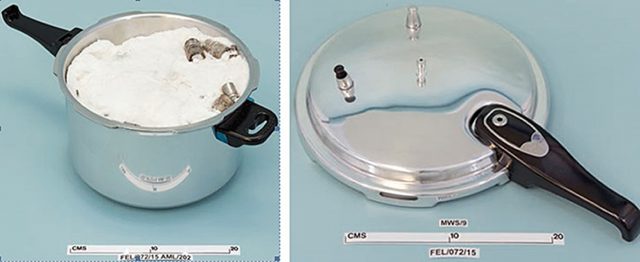 A home-made pressure-cooker bomb containing numerous pieces of shrapnel made by Zahid Hussain (West Midlands Police/PA)