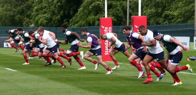 The British and Irish Lions squad members during a training session