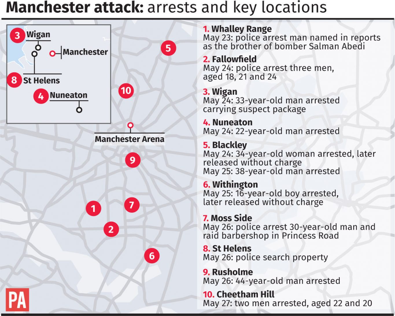 Manchester attack, arrests and key locations graphic