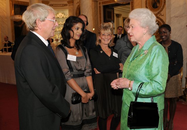 The Queen with Blue Peter presenter John Noakes during a reception to mark the programme's 50th birthday 