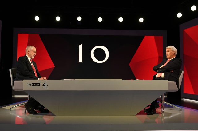 Labour leader Jeremy Corbyn (left) is interviewed by Jeremy Paxman during a joint Channel 4 and Sky News general election programme