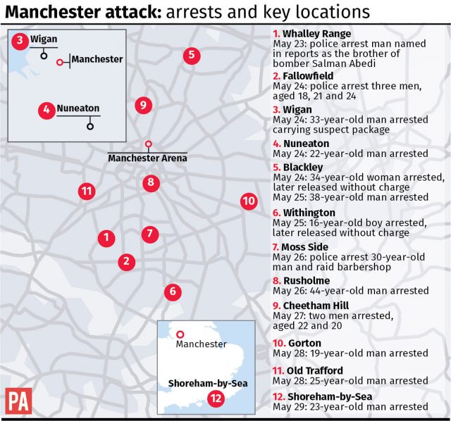 Manchester attack: Arrests and key locations.
