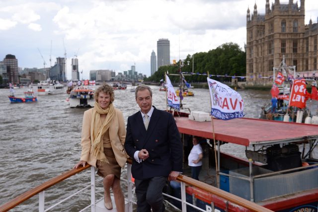 Ukip leader Nigel Farage and Kate Hoey on board a boat during the Brexit campagin (Stefan Rousseau/PA)