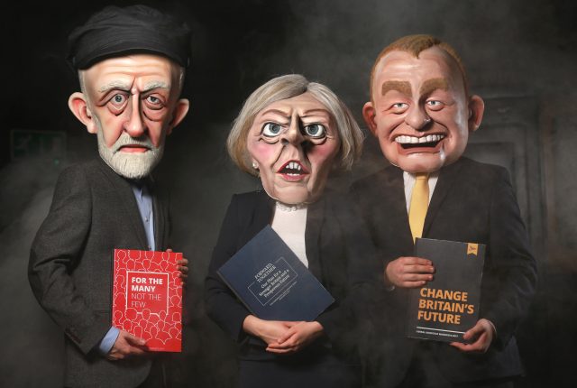 Three actors, portraying Jeremy Corbyn, Theresa May and Tim Farron, at a new attraction at Thorpe Park (Matt Alexander/PA)