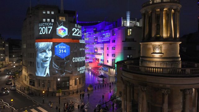 BBC exit poll beamed onto Broadcasting House (Jeff Overs/BBC/PA)