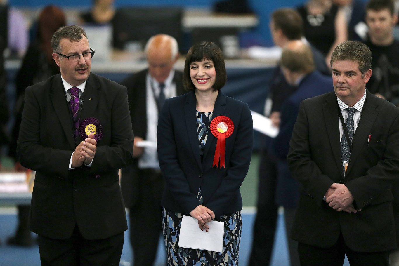 Labour's Bridget Phillipson (centre) won the first seat that was declared (Nigel Roddis/PA)