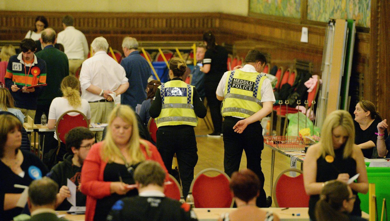 Police on duty at the count at Brangwyn Hall in Swansea (Ben Birchall/PA)