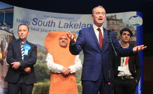 Liberal Democrats leader Tim Farron speaks at Kendal Leisure Centre in Cumbria, after he held his seat in the constituency of Westmorland and Lonsdale from candidates including a man dress as a fish finger (Danny Lawson/PA)