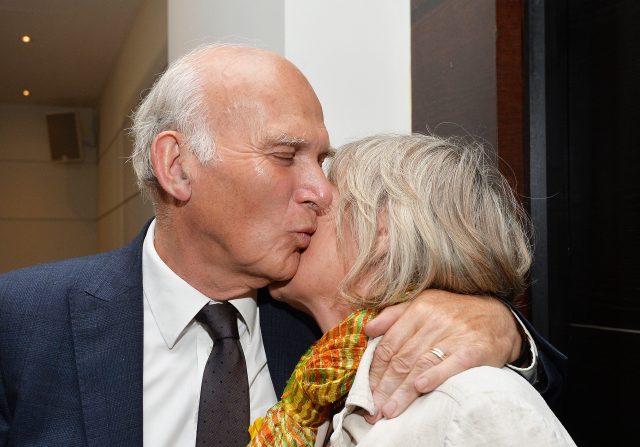 Sir Vince Cable is congratulated by his wife Rachel after being re-elected as the MP for Twickenham (John Stillwell/PA)