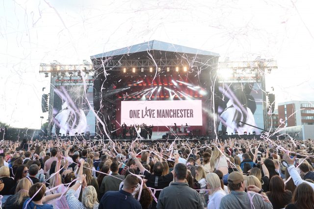 Ariana Grande performing during the One Love Manchester benefit concert (Dave Hogan for One Love Manchest/PA)